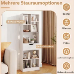 Bücherregal mit 8 Fächern & Schublade Bücherschrank mit Rutschfesten Fußkappen 50 x 24 x 155 cm