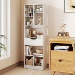 Bücherregal mit 8 Fächern & Schublade Bücherschrank mit Rutschfesten Fußkappen 50 x 24 x 155 cm