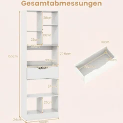 Bücherregal mit 8 Fächern & Schublade Bücherschrank mit Rutschfesten Fußkappen 50 x 24 x 155 cm