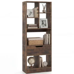 Bücherregal mit 7 Fächern & Schublade Bücherschrank mit Rutschfesten Fußkappen 50 x 24 x 130 cm