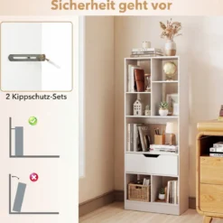 Bücherregal mit 7 Fächern & Schublade Bücherschrank mit Rutschfesten Fußkappen 50 x 24 x 130 cm