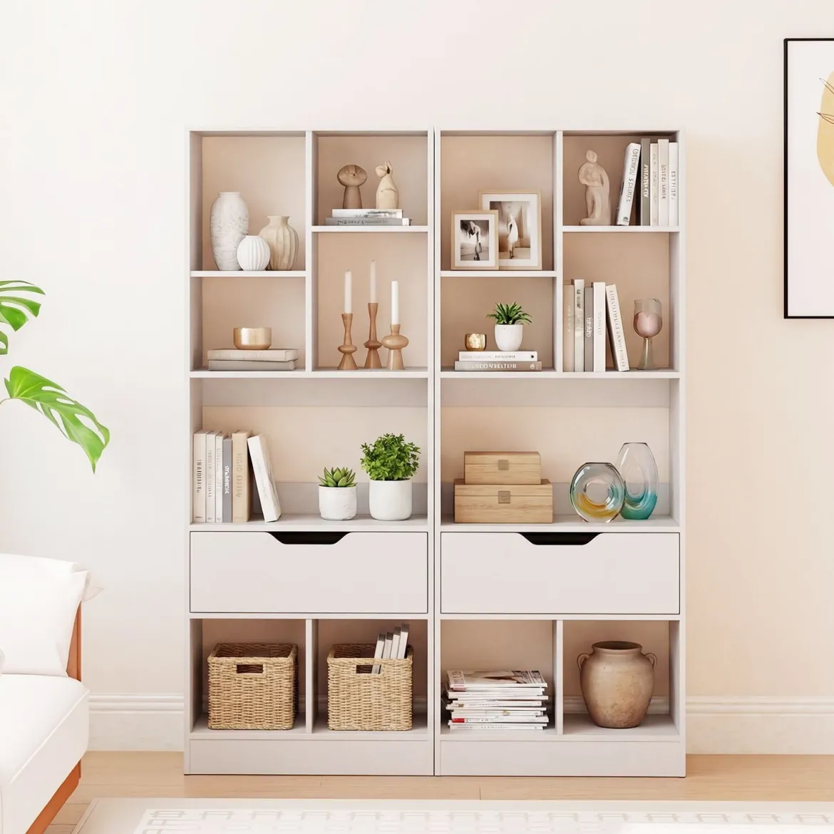 Bücherregal mit 7 Fächern & Schublade Bücherschrank mit Rutschfesten Fußkappen 50 x 24 x 130 cm