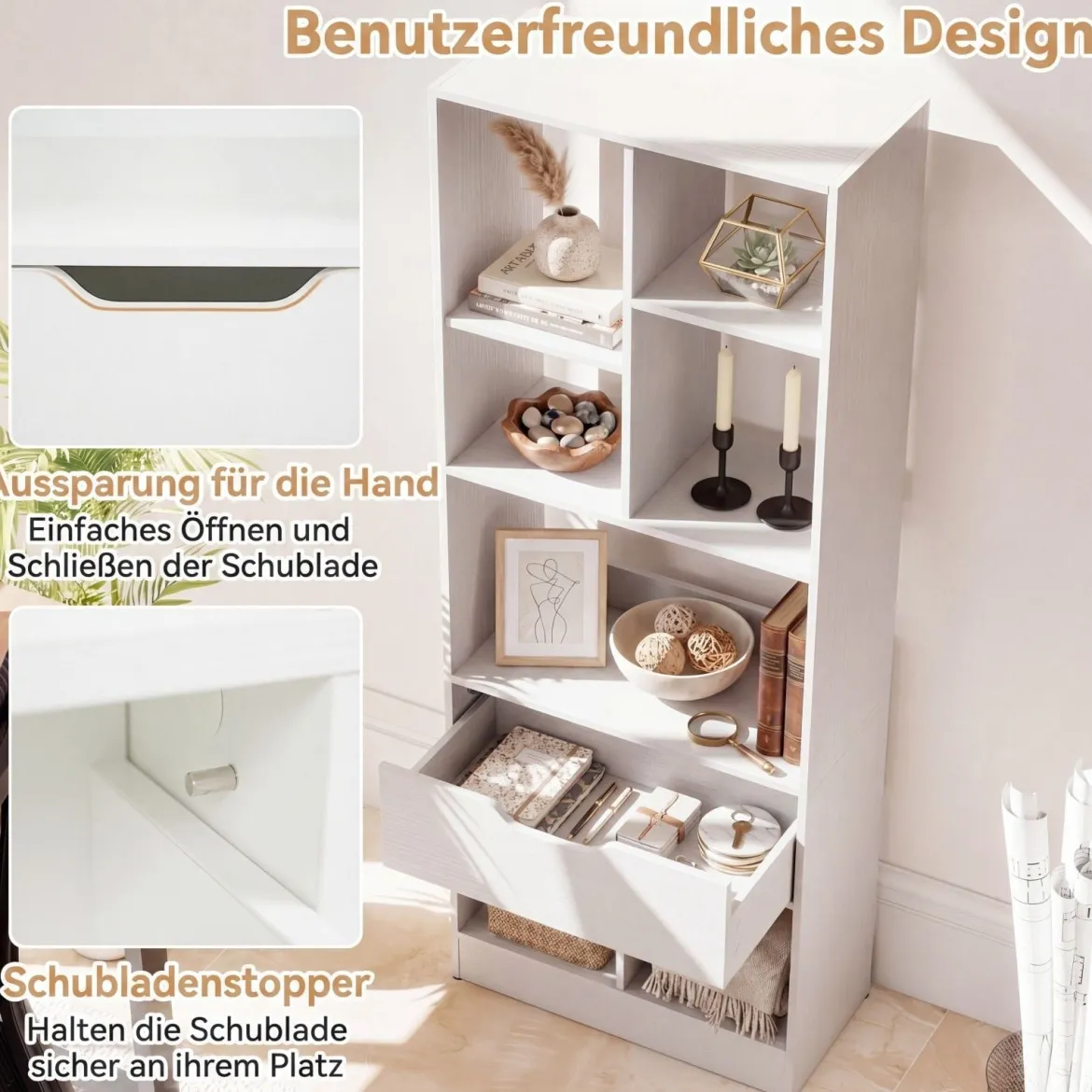 Bücherregal mit 7 Fächern & Schublade Bücherschrank mit Rutschfesten Fußkappen 50 x 24 x 130 cm