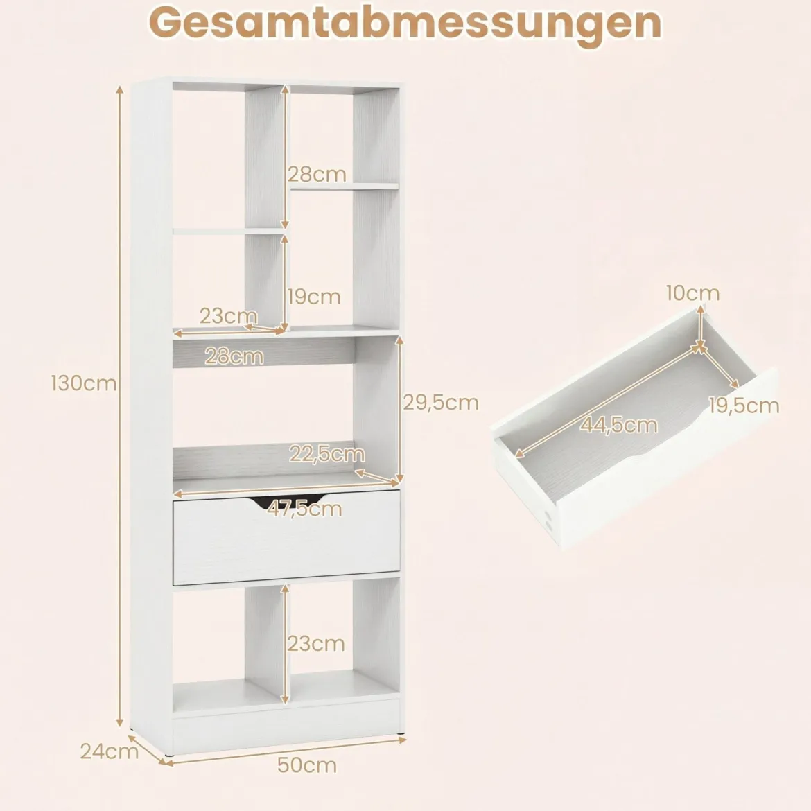 Bücherregal mit 7 Fächern & Schublade Bücherschrank mit Rutschfesten Fußkappen 50 x 24 x 130 cm