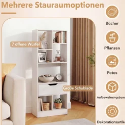 Bücherregal mit 7 Fächern & Schublade Bücherschrank mit Rutschfesten Fußkappen 50 x 24 x 130 cm