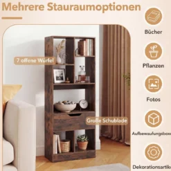 Bücherregal mit 7 Fächern & Schublade Bücherschrank mit Rutschfesten Fußkappen 50 x 24 x 130 cm