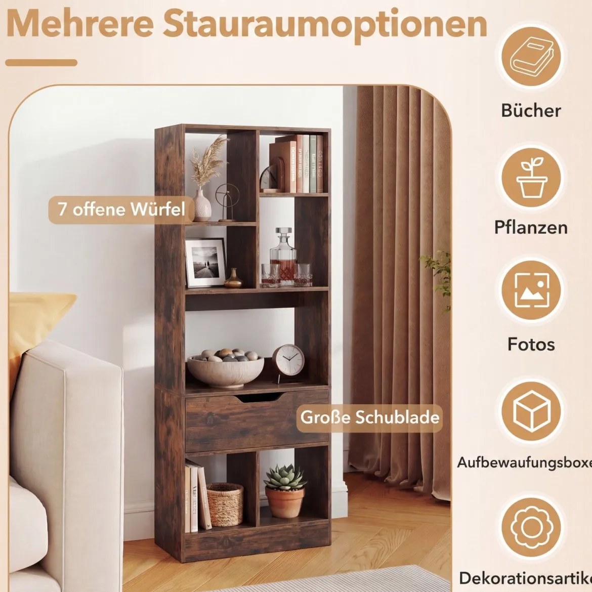 Bücherregal mit 7 Fächern & Schublade Bücherschrank mit Rutschfesten Fußkappen 50 x 24 x 130 cm