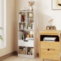 Bücherregal mit 7 Fächern & Schublade Bücherschrank mit Rutschfesten Fußkappen 50 x 24 x 130 cm