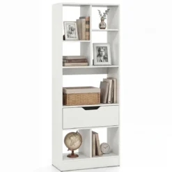 Bücherregal mit 7 Fächern & Schublade Bücherschrank mit Rutschfesten Fußkappen 50 x 24 x 130 cm