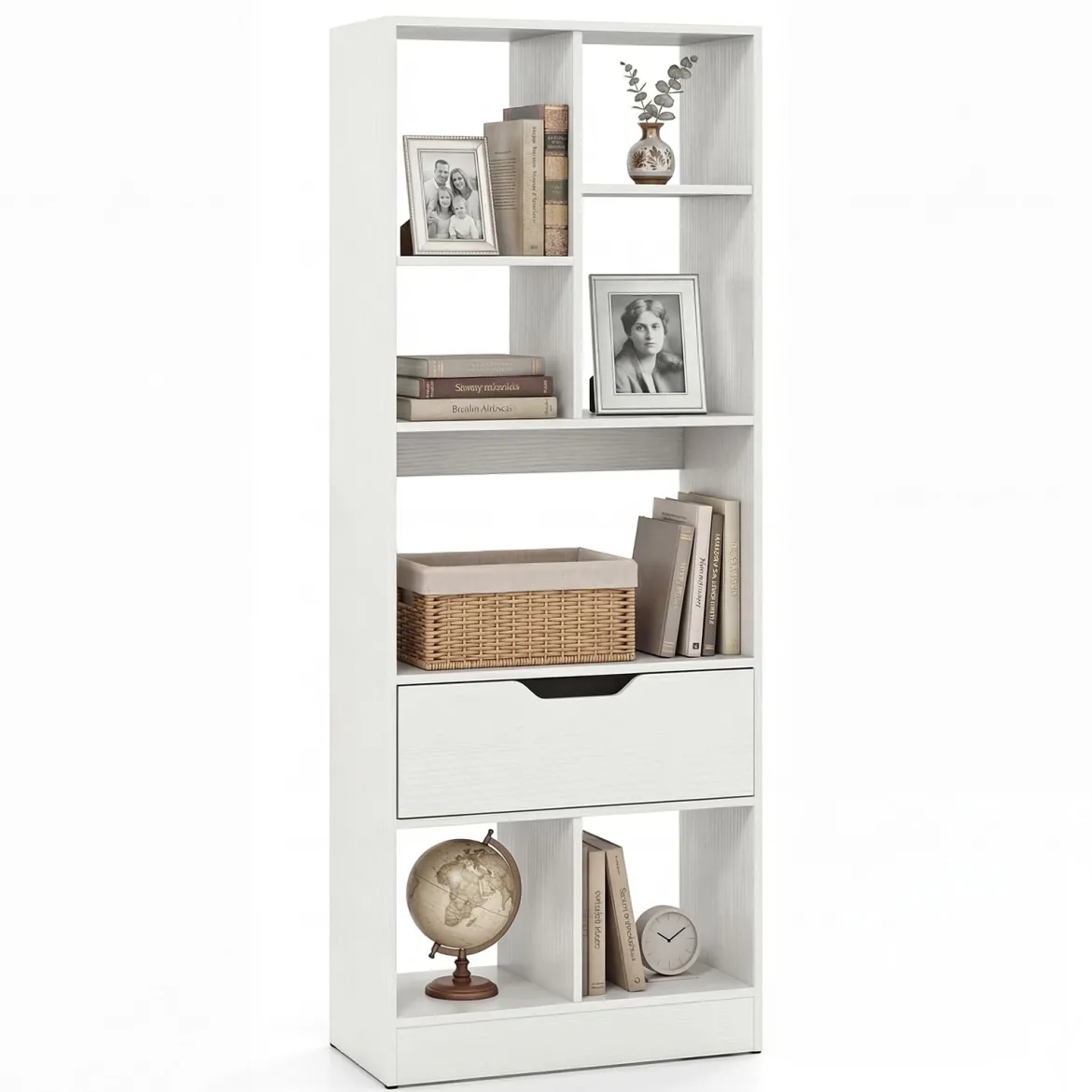 Bücherregal mit 7 Fächern & Schublade Bücherschrank mit Rutschfesten Fußkappen 50 x 24 x 130 cm