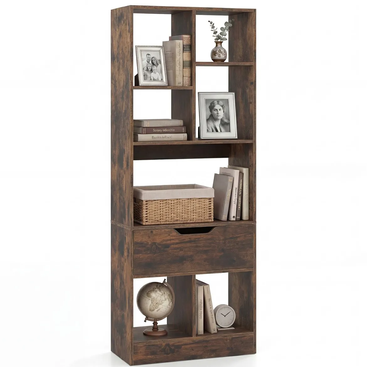 Bücherregal mit 7 Fächern & Schublade Bücherschrank mit Rutschfesten Fußkappen 50 x 24 x 130 cm