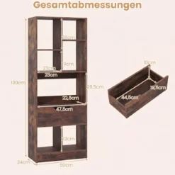 Bücherregal mit 7 Fächern & Schublade Bücherschrank mit Rutschfesten Fußkappen 50 x 24 x 130 cm