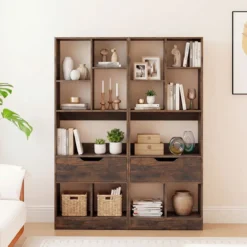 Bücherregal mit 7 Fächern & Schublade Bücherschrank mit Rutschfesten Fußkappen 50 x 24 x 130 cm