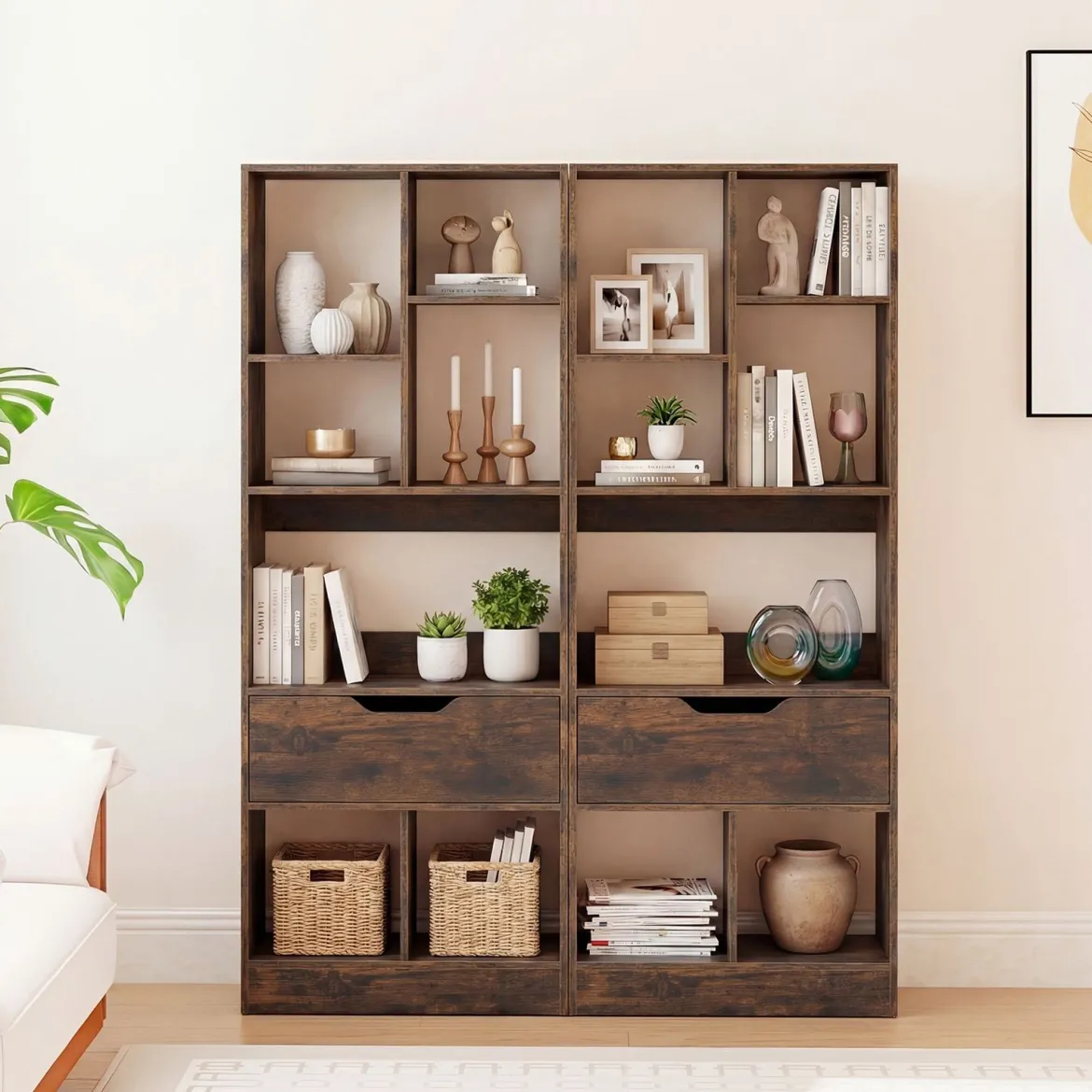 Bücherregal mit 7 Fächern & Schublade Bücherschrank mit Rutschfesten Fußkappen 50 x 24 x 130 cm