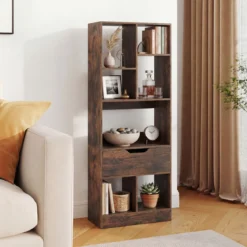 Bücherregal mit 7 Fächern & Schublade Bücherschrank mit Rutschfesten Fußkappen 50 x 24 x 130 cm