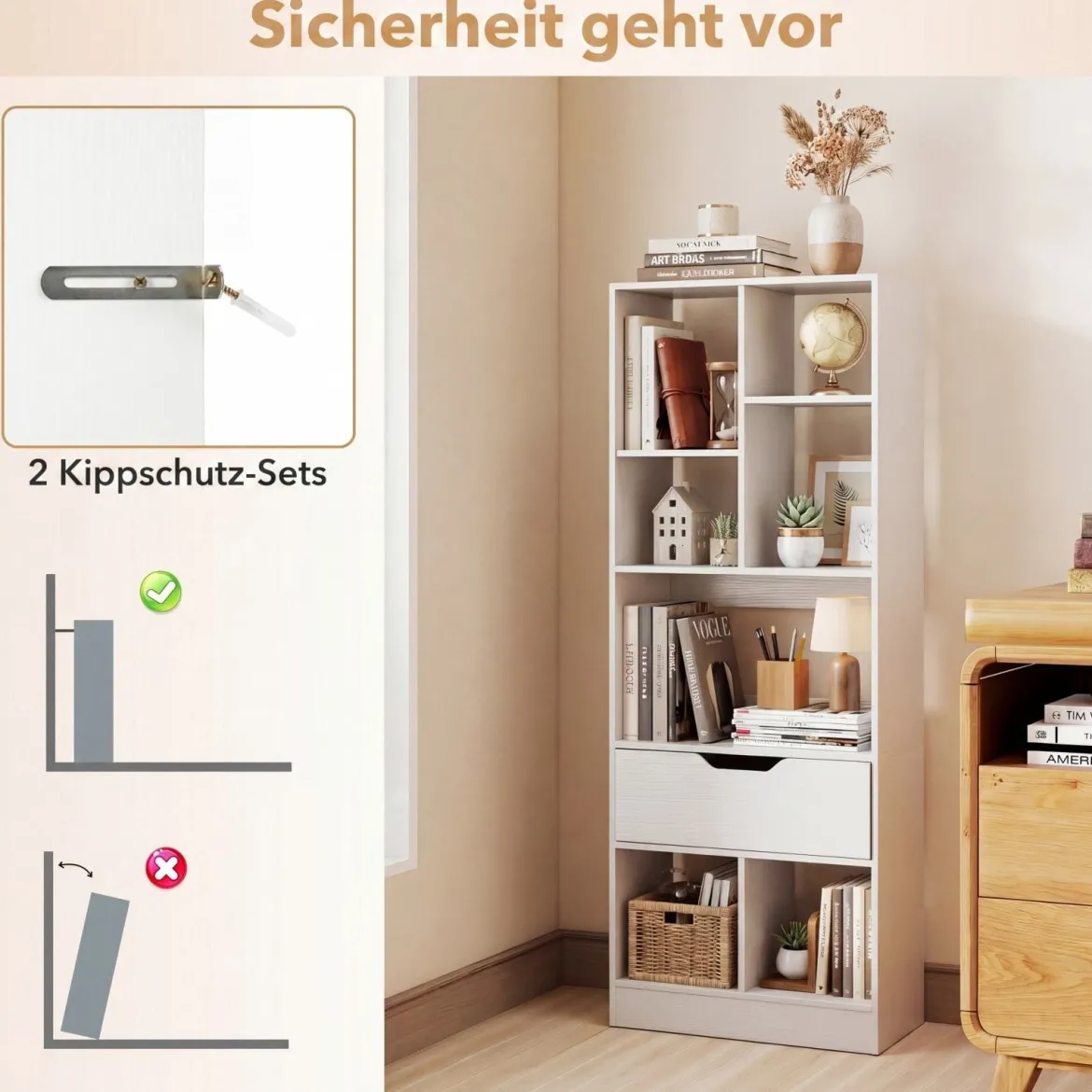 Bücherregal mit 7 Fächern & Schublade Bücherschrank mit Rutschfesten Fußkappen 50 x 24 x 130 cm