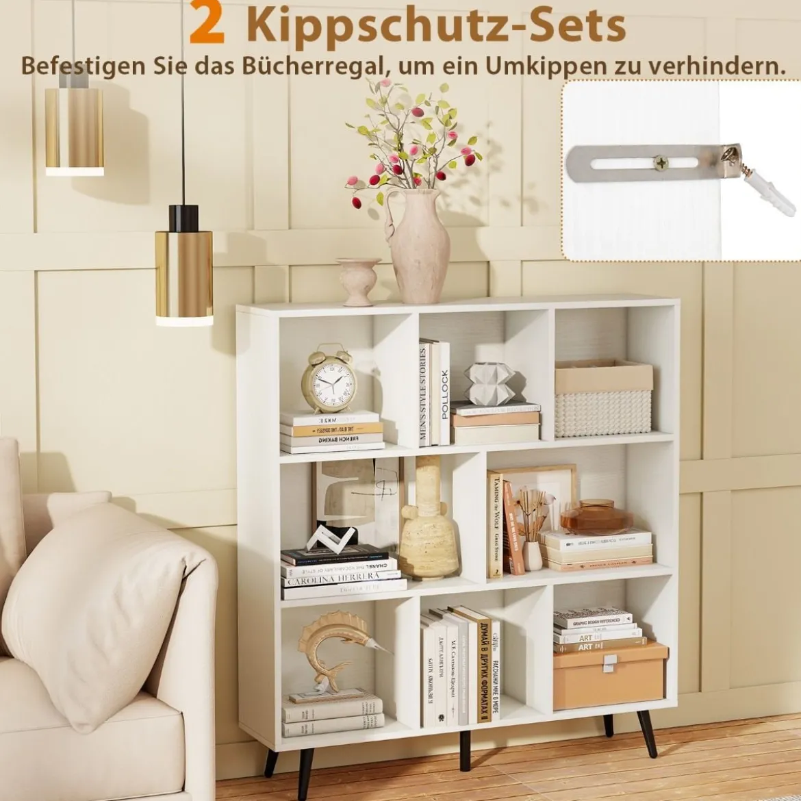 Bücherregal mit Fächern Standregal mit 3 Ebenen & Holzbeine Würfelregal Büroregal 100 cm