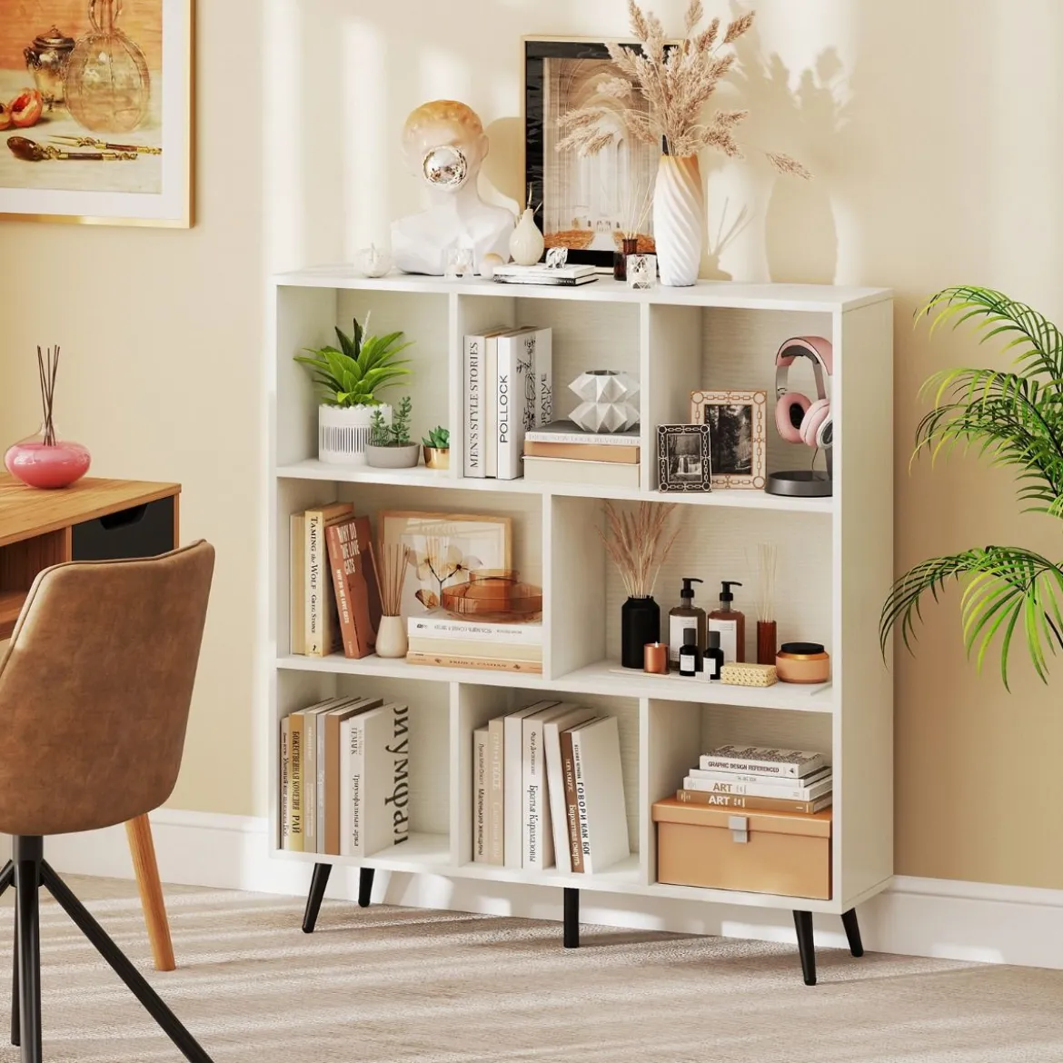 Bücherregal mit Fächern Standregal mit 3 Ebenen & Holzbeine Würfelregal Büroregal 100 cm