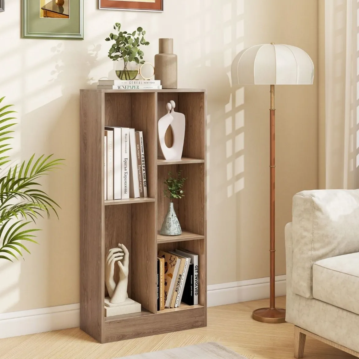 Bücherregal mit 5 Fächern Standregal Würfelregal Büroregal Aufbewahrungregal 50 x 24 x 104 cm Weiß/Natur