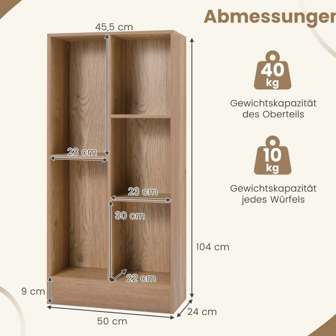 Bücherregal mit 5 Fächern Standregal Würfelregal Büroregal Aufbewahrungregal 50 x 24 x 104 cm Weiß/Natur