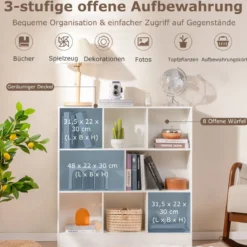 Bücherregal mit 8 Fächern Standregal mit 3 Ebenen Würfelregal Büroregal Aufbewahrungregal 100 x 24 x 104 cm Weiß/Natur