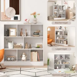 Bücherregal mit 8 Fächern Standregal mit 3 Ebenen Würfelregal Büroregal Aufbewahrungregal 100 x 24 x 104 cm Weiß/Natur