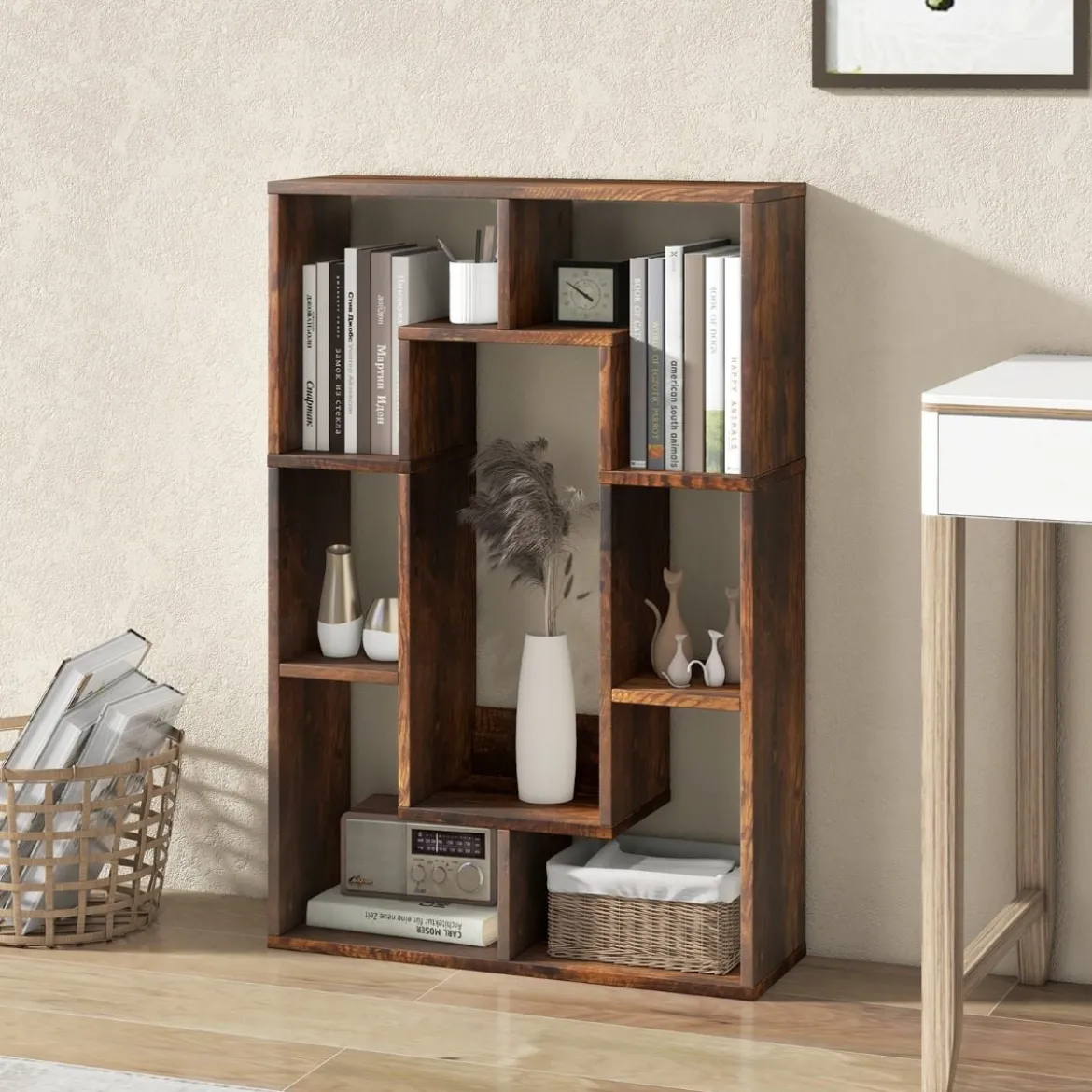 Bücherregal mit 7 Fächern Standregal Raumteiler Regal Würfelregal mit Kippschutz 60 x 20 x 90 cm