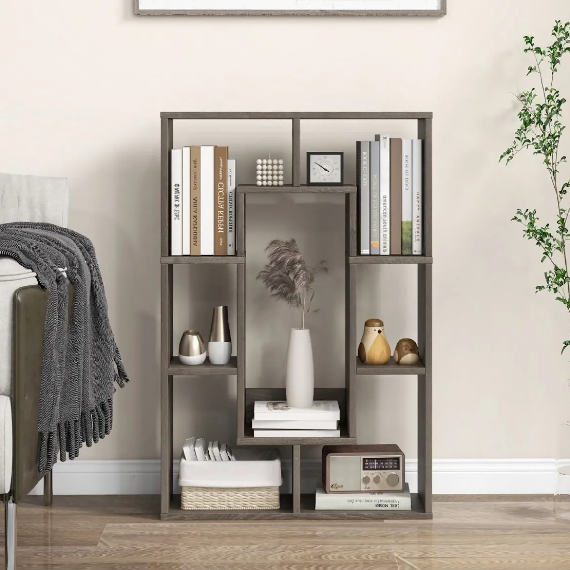 Bücherregal mit 7 Fächern Standregal Raumteiler Regal Würfelregal mit Kippschutz 60 x 20 x 90 cm