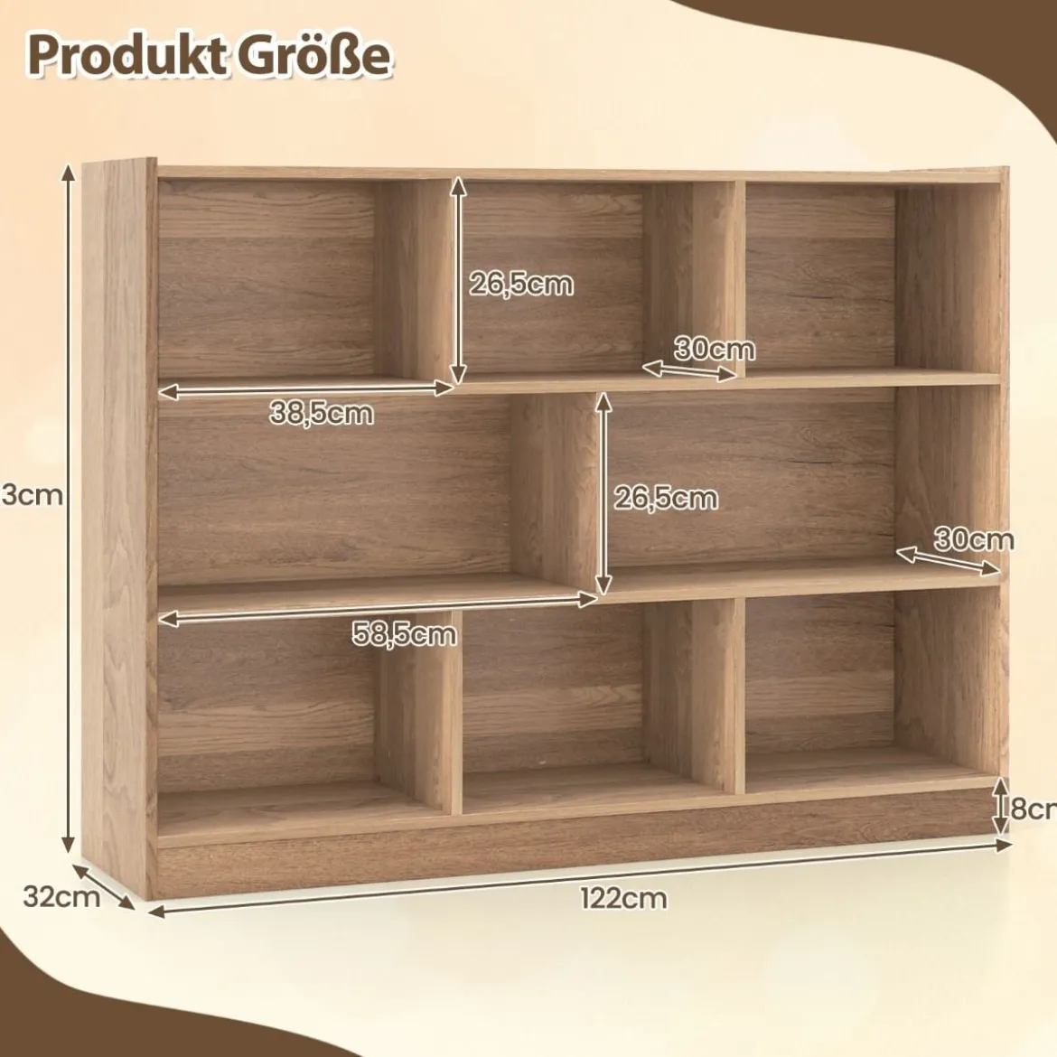 Bücherregal mit 8 Fächern Standregal mit 3 Ebenen Würfelregal 122 x 32 x 93 cm Natur