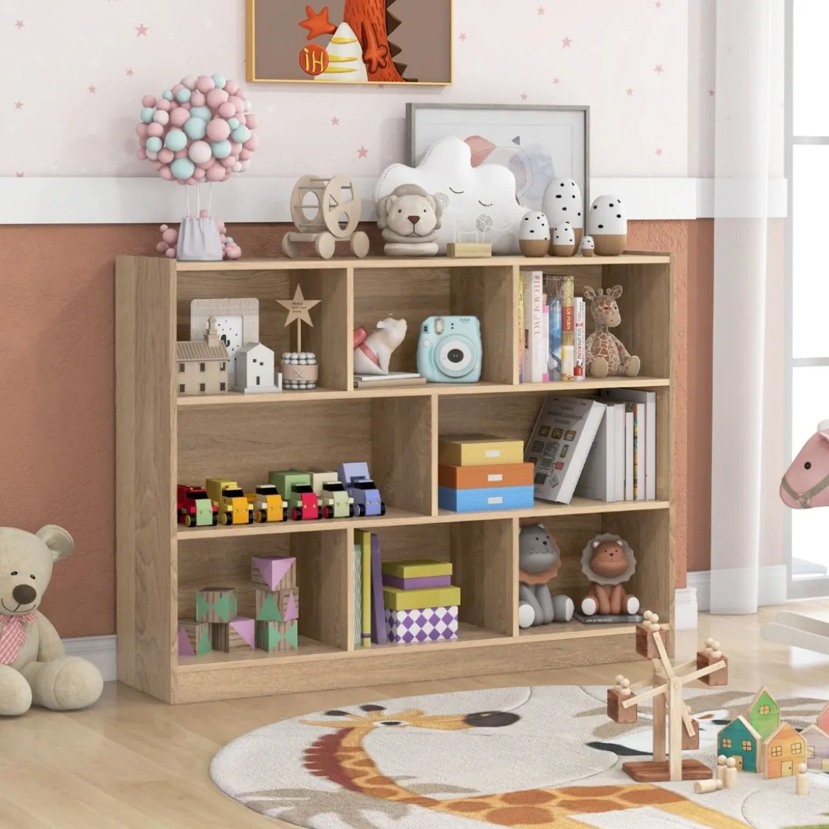 Bücherregal mit 8 Fächern Standregal mit 3 Ebenen Würfelregal 122 x 32 x 93 cm Natur
