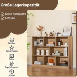 Bücherregal mit 8 Fächern Standregal mit 3 Ebenen Würfelregal 122 x 32 x 93 cm Natur