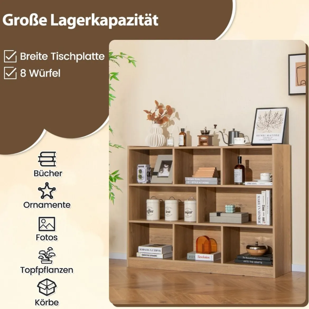 Bücherregal mit 8 Fächern Standregal mit 3 Ebenen Würfelregal 122 x 32 x 93 cm Natur