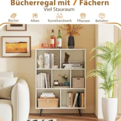 Bücherregal mit Fächern Standregal mit 3 Ebenen & Holzbeine Würfelregal Büroregal 80 cm