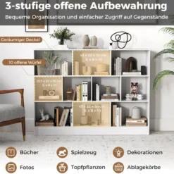 Bücherregal mit 10 Fächern Standregal mit 3 Ebenen Würfelregal Büroregal 140 x 24 x 104 cm Natur/Weiß