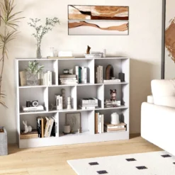 Bücherregal mit 10 Fächern Standregal mit 3 Ebenen Würfelregal Büroregal 140 x 24 x 104 cm Natur/Weiß