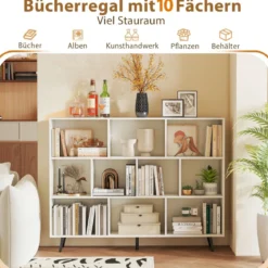 Bücherregal mit Fächern Standregal mit 3 Ebenen & Holzbeine Würfelregal Büroregal 140 cm