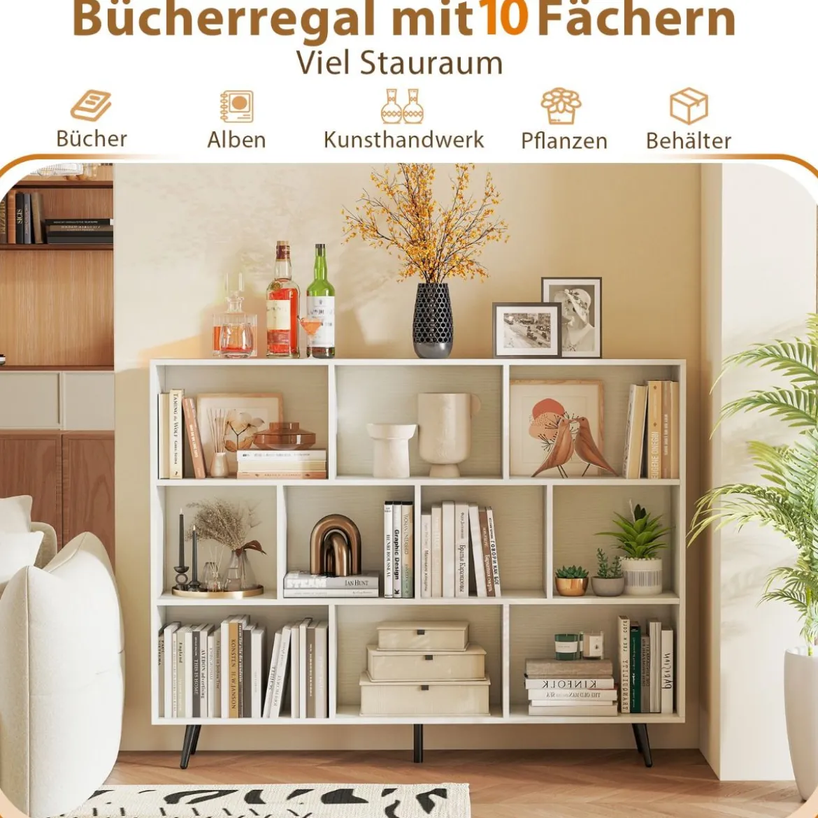 Bücherregal mit Fächern Standregal mit 3 Ebenen & Holzbeine Würfelregal Büroregal 140 cm