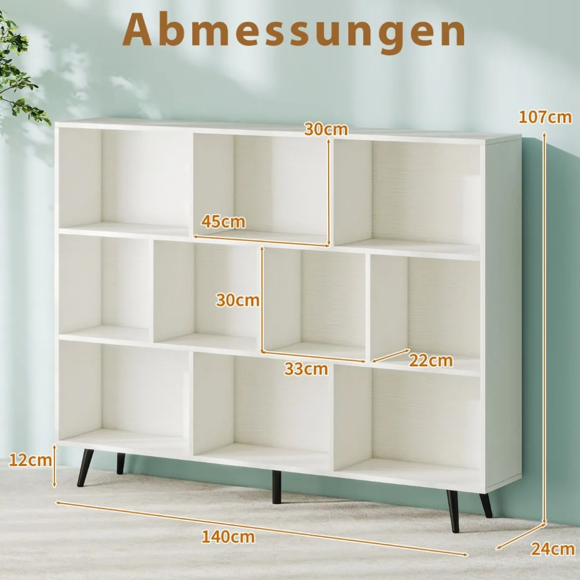 Bücherregal mit Fächern Standregal mit 3 Ebenen & Holzbeine Würfelregal Büroregal 140 cm