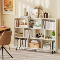 Bücherregal mit Fächern Standregal mit 3 Ebenen & Holzbeine Würfelregal Büroregal 140 cm