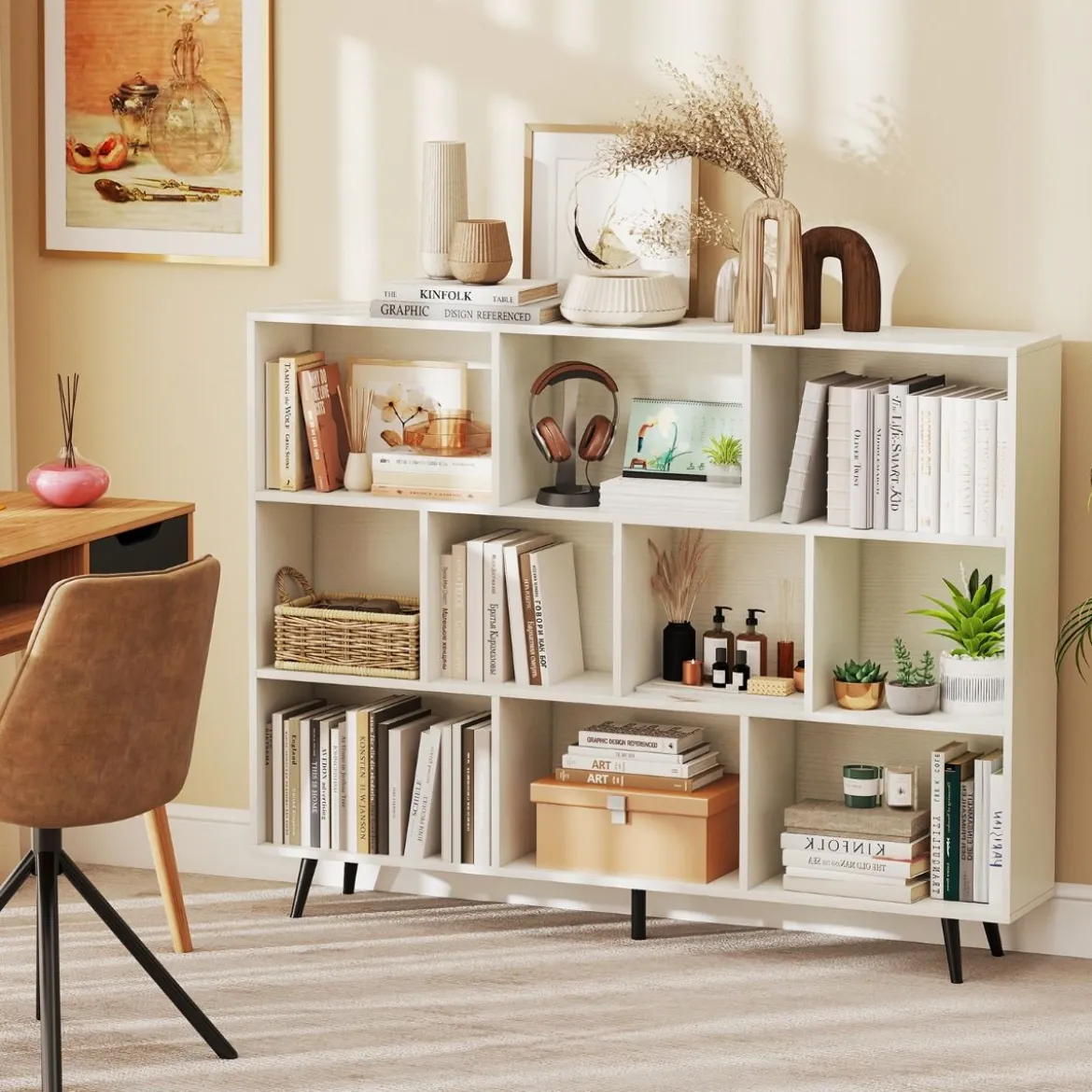 Bücherregal mit Fächern Standregal mit 3 Ebenen & Holzbeine Würfelregal Büroregal 140 cm