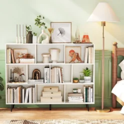 Bücherregal mit Fächern Standregal mit 3 Ebenen & Holzbeine Würfelregal Büroregal 140 cm