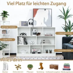 Bücherregal mit 8 Fächern 3-stufiges Standregal für Wohnzimmer 122 x 32 x 93 cm Weiß