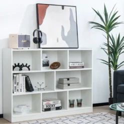 Bücherregal mit 8 Fächern 3-stufiges Standregal für Wohnzimmer 122 x 32 x 93 cm Weiß