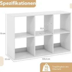 Bücherregal mit 6 Fächern Würfelregal Standregal offenes Regal Aufbewahrungsregal für Wohnzimmer Weiß