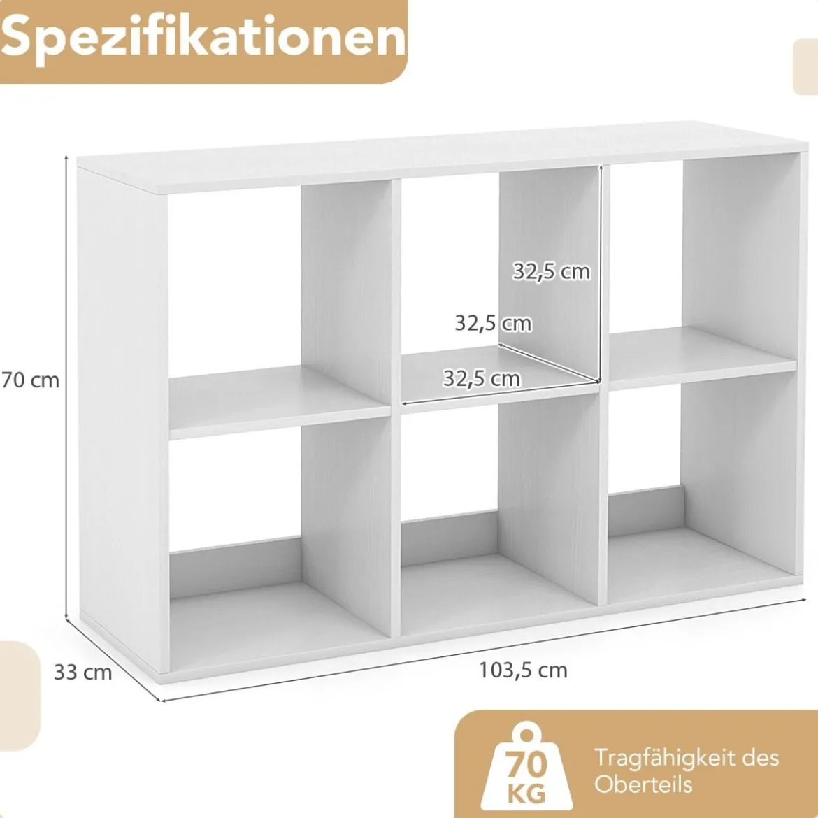 Bücherregal mit 6 Fächern Würfelregal Standregal offenes Regal Aufbewahrungsregal für Wohnzimmer Weiß