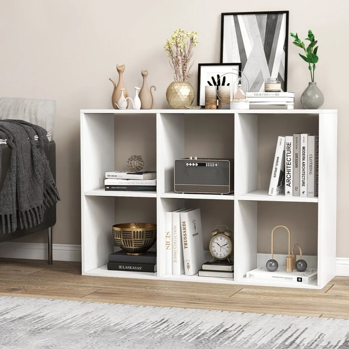 Bücherregal mit 6 Fächern Würfelregal Standregal offenes Regal Aufbewahrungsregal für Wohnzimmer Weiß