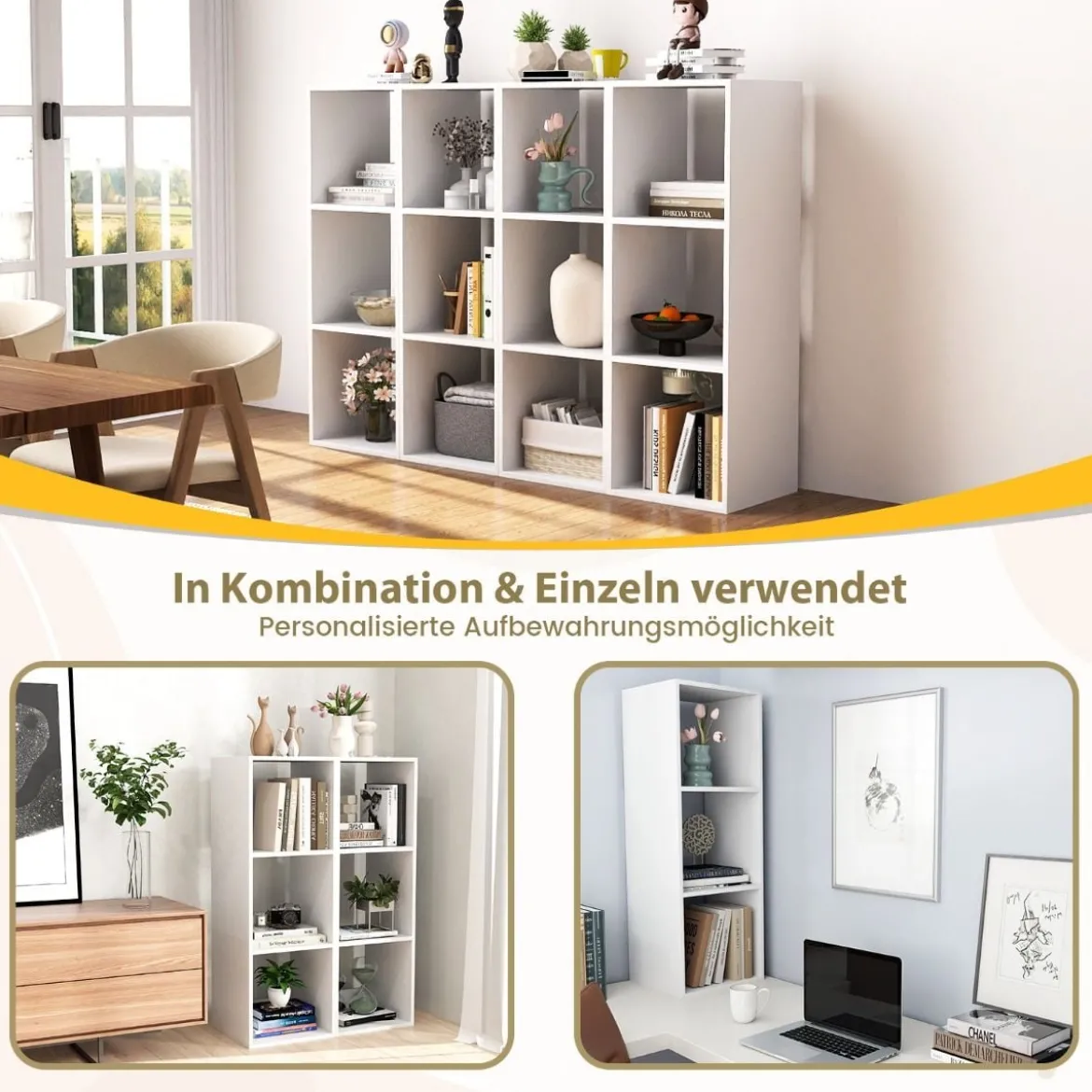 Bücherregal mit 3 Fächern Würfelregal Standregal offenes Regal Weiß 35,5 x 33 x 103 cm