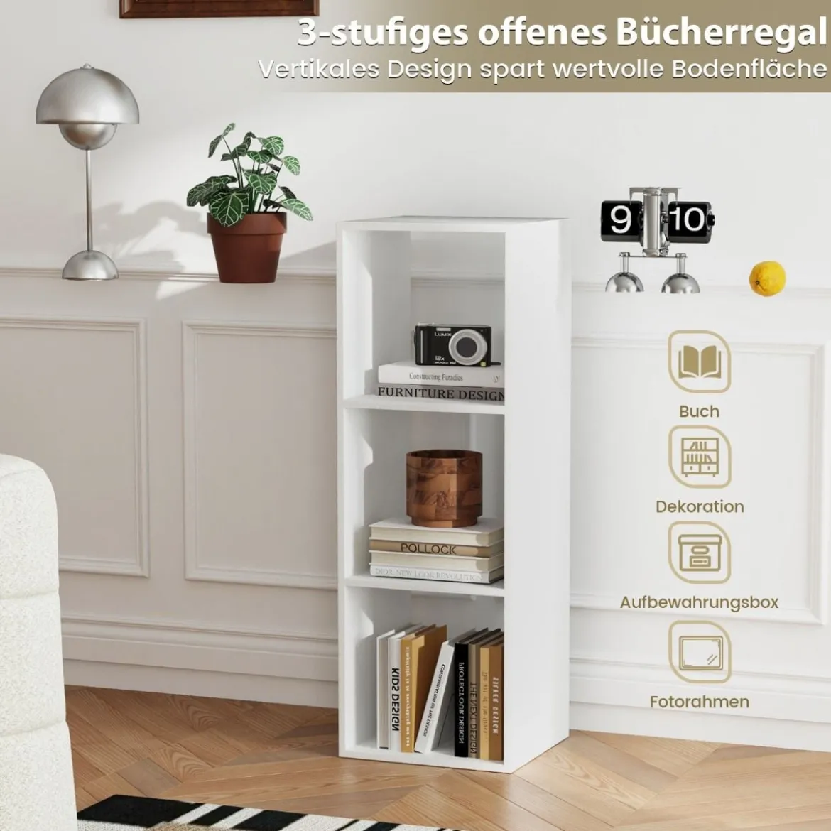 Bücherregal mit 3 Fächern Würfelregal Standregal offenes Regal Weiß 35,5 x 33 x 103 cm