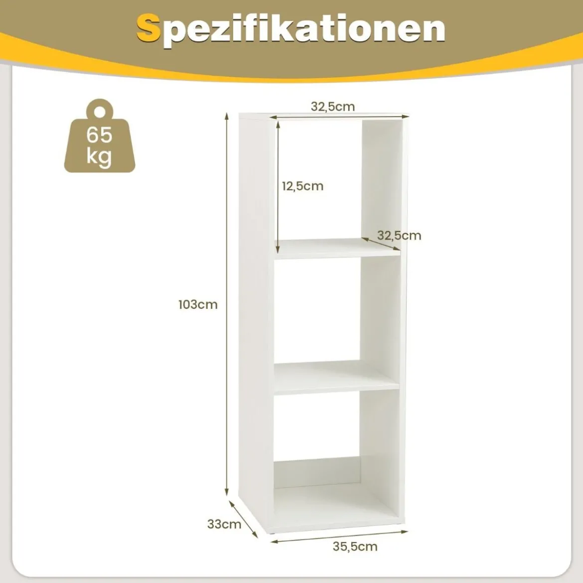 Bücherregal mit 3 Fächern Würfelregal Standregal offenes Regal Weiß 35,5 x 33 x 103 cm