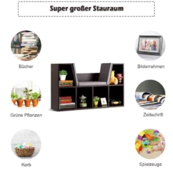 Bücherregal mit Kissen Raumteiler Bücherschrank 6 Fächer 103 x 30 x 63 cm Braun